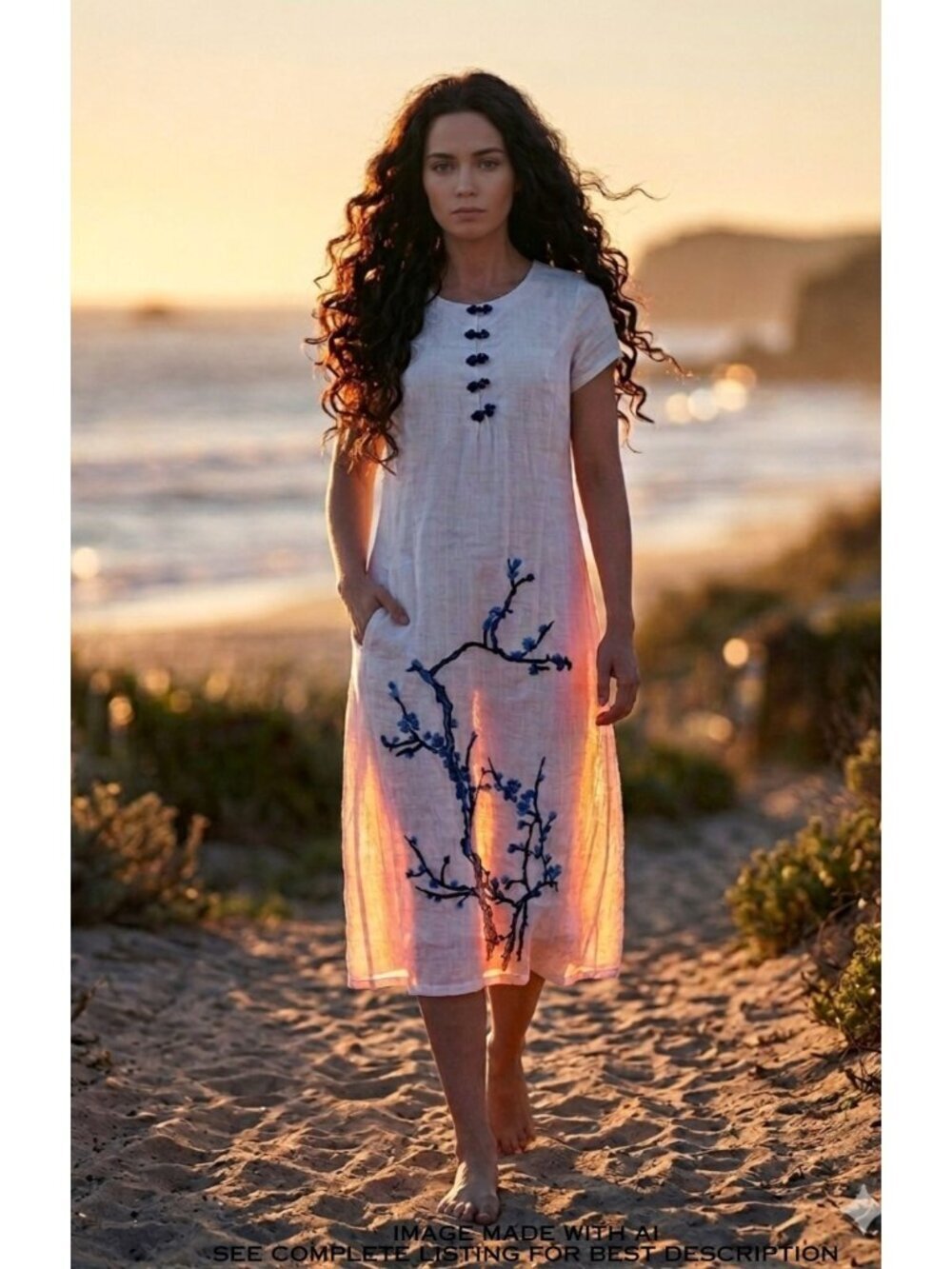 Silk Linen Embroidered Sundress M Cobalt Blue Blossoms Resort Cruise Whimsy